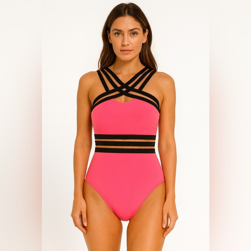 Emme Jordan One Piece Swimsuit Criss Cross Neon‎ Pink Black Mesh Size S